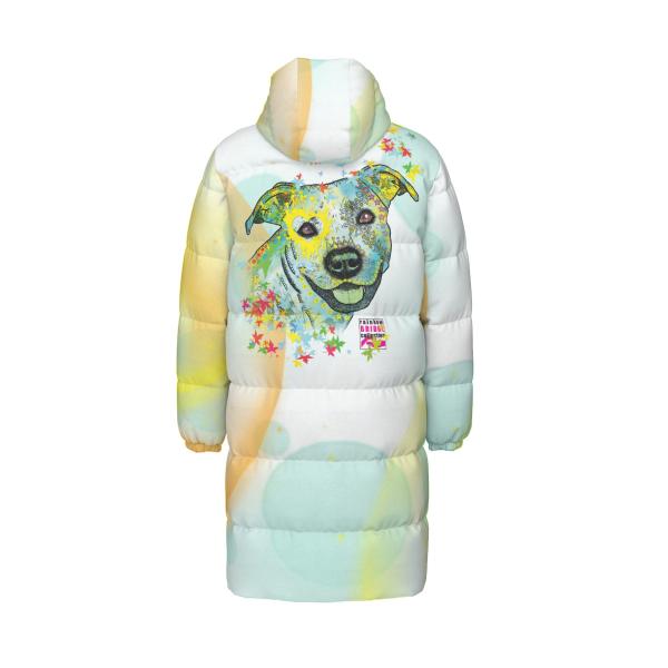 Warme Wintermantel mit Hundemotiv Kiki – Popart Hundemotiv, 90% Daunen, 10% Federn, bunt, stylisch, AmStaff, Staff, Staffordshire, Pitbull, Pit, Soka, Größe XS- 4XL