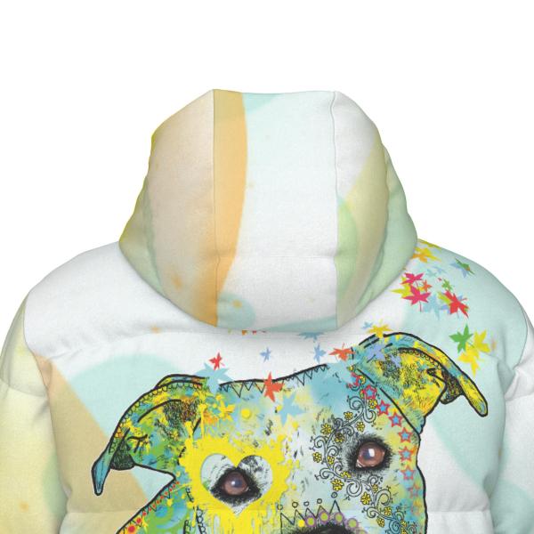 Warme Wintermantel mit Hundemotiv Kiki – Popart Hundemotiv, 90% Daunen, 10% Federn, bunt, stylisch, AmStaff, Staff, Staffordshire, Pitbull, Pit, Soka, Größe XS- 4XL