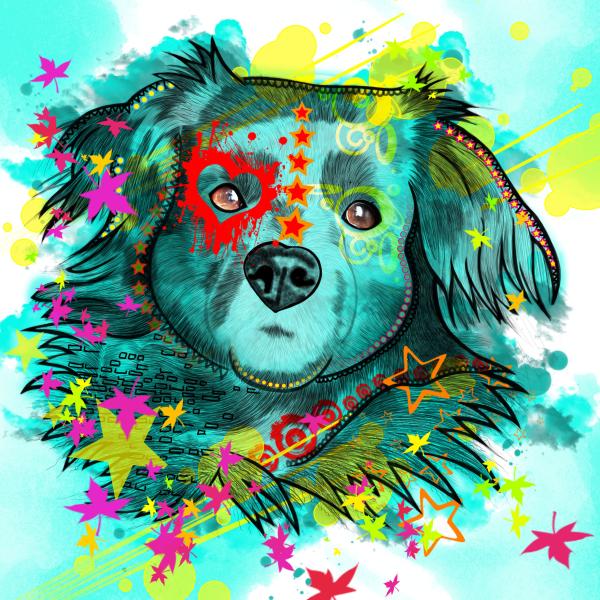 Krümel: Bild von einem Hund in Digitaler Popart, bunt mit dicken Outlines