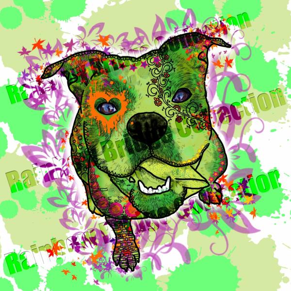 Hundemotiv Lani - Bild auf Leinwand, Kunstdruck, Popart, Bunt, Hundemotiv, Englische Bulldogge, English Bulldog, Bully, Grün, Orange, 40cm, 60cm, 100cm