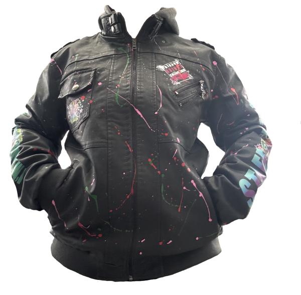 Lederjacke mit Lieblingsmotiv von RBC -Kunstlederjacke, Größe S-3XL, Unikat, Bunt, mit Kaputze, Hundemotiv, bedruckte Ärmel