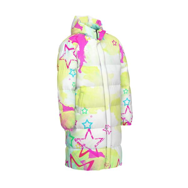 Warme Wintermantel mit Hundemotiv Leo– Popart Hundemotiv, 90% Daunen, 10% Federn, bunt, stylisch, Labrador, Labi, Größe XS- 4XL