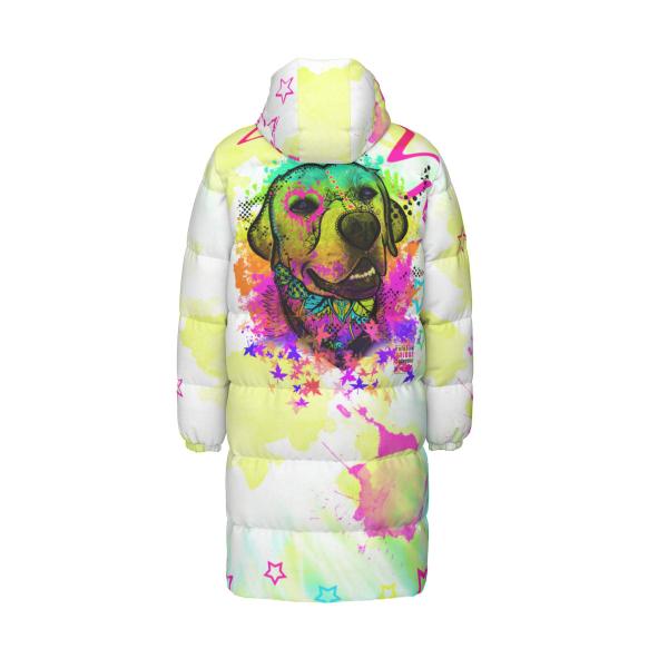 Warme Wintermantel mit Hundemotiv Leo– Popart Hundemotiv, 90% Daunen, 10% Federn, bunt, stylisch, Labrador, Labi, Größe XS- 4XL