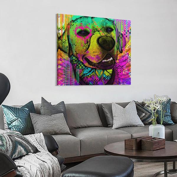 Leo: Bild von einem Labrador in Digitaler Popart, bunt mit dicken Outlines