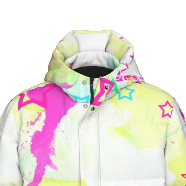Warme Wintermantel mit Hundemotiv Luna – Popart Hundemotiv, 90% Daunen, 10% Federn, bunt, stylisch, Mischling, Mix, Größe XS- 4XL