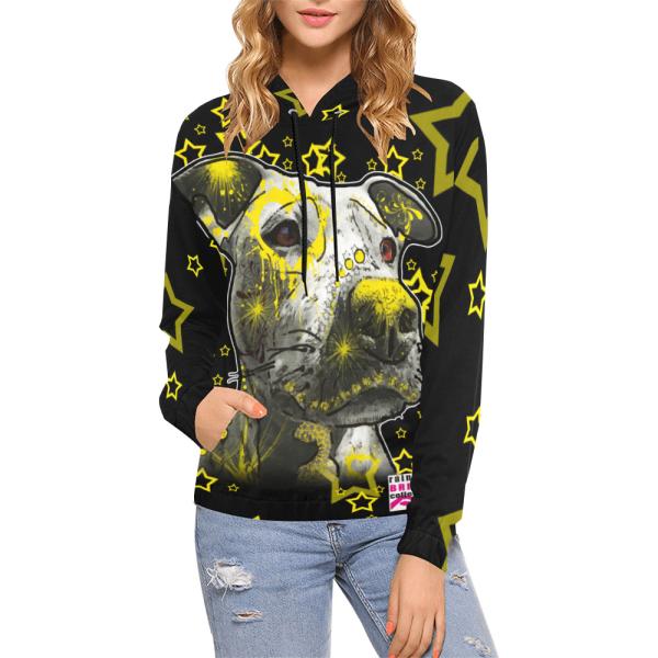 Vollflächig bedruckter Hoodie Kaputzepulli mit einem Staff Pitbull Hundekopf in schwarz gelb