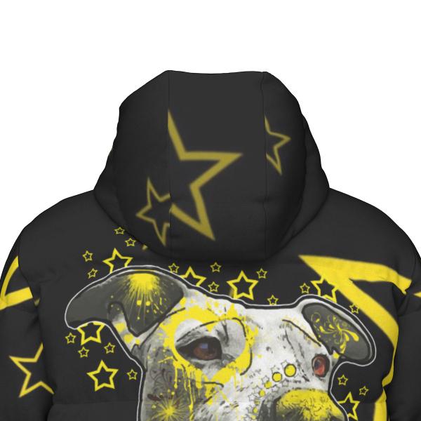 Warme Wintermantel mit Hundemotiv Motte1– Popart Hundemotiv, 90% Daunen, 10% Federn, bunt, stylisch, AmStaff, Staff, Staffordshire, Pitbull, Pit, Soka, Größe XS- 4XL