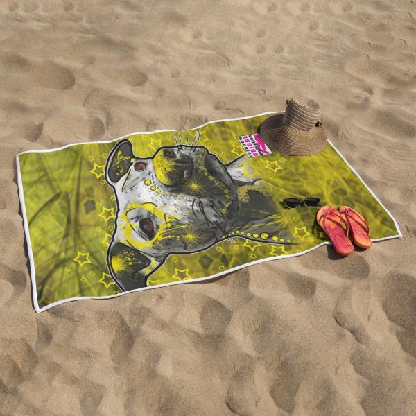 Strandtuch, Badetuch, Saunatuch mit buntem Hundemotiv in digitaler Popart mit Hunde Motiv Motte1
