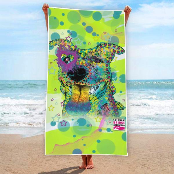 Strandtuch, Badetuch, Saunatuch mit buntem Hundemotiv in digitaler Popart mit Hunde Motiv Motte2