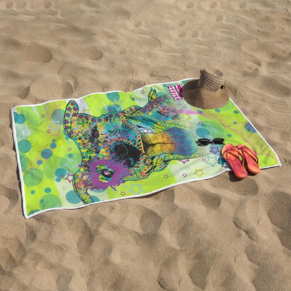 Strandtuch, Badetuch, Saunatuch mit buntem Hundemotiv in digitaler Popart mit Hunde Motiv Motte2
