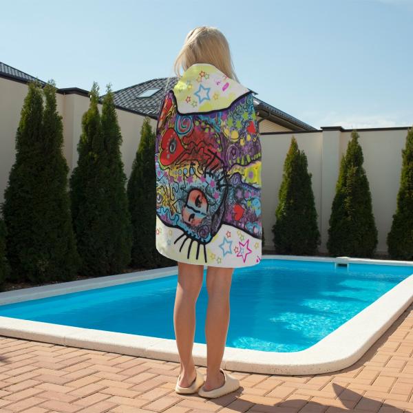 Strandtuch, Badetuch, Saunatuch mit buntem Hundemotiv in digitaler Popart mit Hunde Motiv Motte3