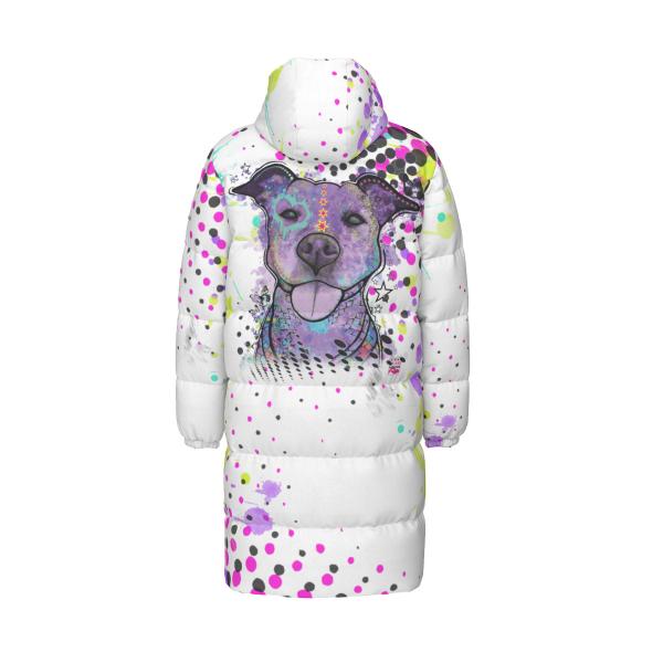 Warme Wintermantel mit Hundemotiv Mäusi – Popart Hundemotiv, 90% Daunen, 10% Federn, bunt, stylisch, AmStaff, Staff, Staffordshire, Pitbull, Pit, Soka, Größe XS- 4XL