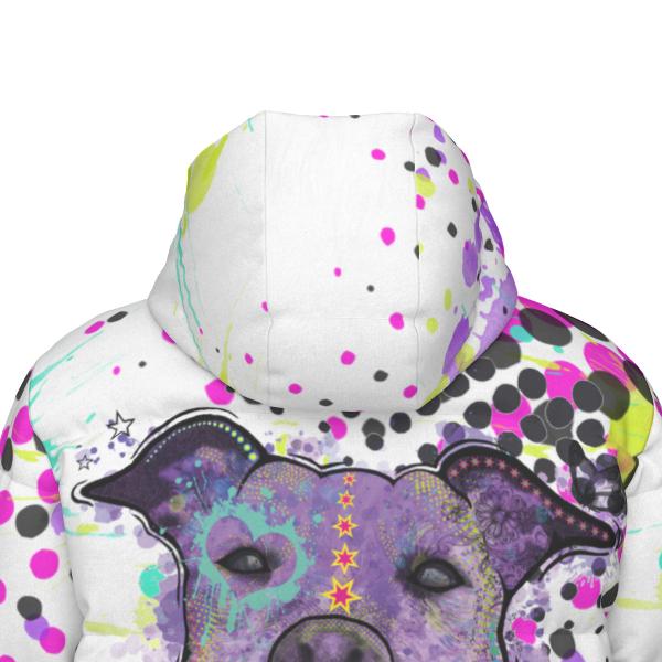 Warme Wintermantel mit Hundemotiv Mäusi – Popart Hundemotiv, 90% Daunen, 10% Federn, bunt, stylisch, AmStaff, Staff, Staffordshire, Pitbull, Pit, Soka, Größe XS- 4XL