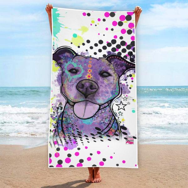 Strandtuch, Badetuch, Saunatuch mit buntem Hundemotiv in digitaler Popart mit Hunde Motiv Mäusi