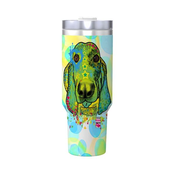 Tumbler mit Hundemotiv Paolo - Edelstahl, Becher, 1L, mit Strohhalm, bunt, Motive in Digitaler Popart, Mischling, Mix, Basset Hound