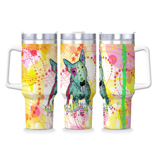 Tumbler mit Hundemotiv Paul - Edelstahl, Becher, 1L, mit Strohhalm, bunt, Motive in Digitaler Popart, Bullterrier, Bulli, SOKA, Listenhund, Mini