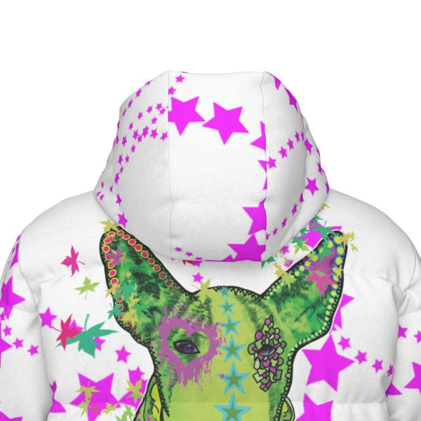 Warme Wintermantel mit Hundemotiv Roxy – Popart Hundemotiv, 90% Daunen, 10% Federn, bunt, stylisch, Mini, Bullterrier, Bulli, Soka, Größe XS- 4XL