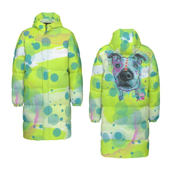 Warme Wintermantel mit Hundemotiv Sancho – Popart Hundemotiv, 90% Daunen, 10% Federn, bunt, stylisch, AmStaff, Staff, Staffordshire, Pitbull, Pit, Soka, Größe XS- 4XL