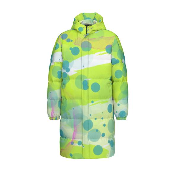 Warme Wintermantel mit Hundemotiv Sancho – Popart Hundemotiv, 90% Daunen, 10% Federn, bunt, stylisch, AmStaff, Staff, Staffordshire, Pitbull, Pit, Soka, Größe XS- 4XL