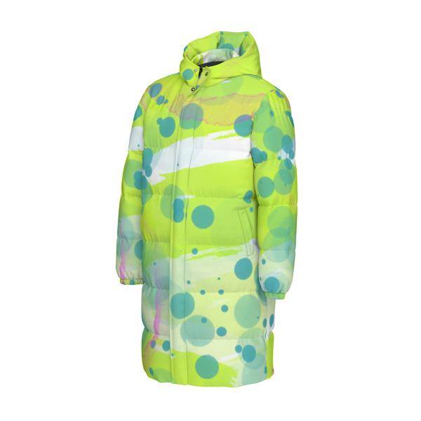 Warme Wintermantel mit Hundemotiv Sancho – Popart Hundemotiv, 90% Daunen, 10% Federn, bunt, stylisch, AmStaff, Staff, Staffordshire, Pitbull, Pit, Soka, Größe XS- 4XL