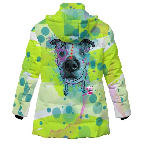 Warme Winterjacke mit Hundemotiv Sancho – Popart Hundemotiv, 96% Polyester, 4% Spandex Unisex, bunt, warm, stylisch, modern, Amstaff, Staff, Staffordshire, Pitbull, Pit, Größe S-6XL,
