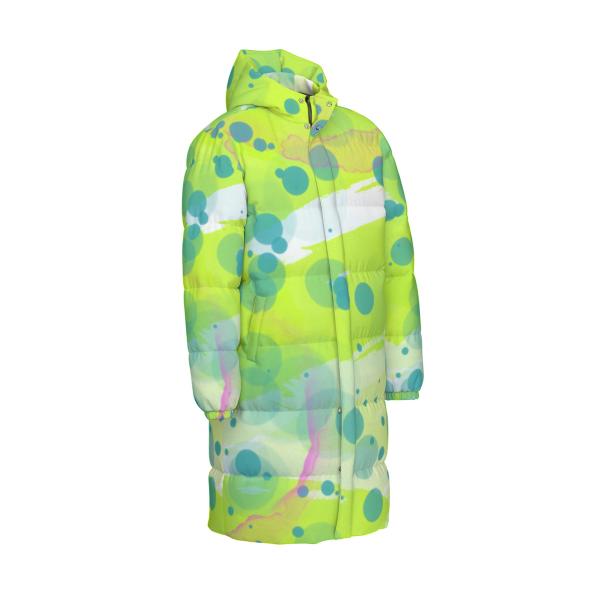 Warme Wintermantel mit Hundemotiv Sancho – Popart Hundemotiv, 90% Daunen, 10% Federn, bunt, stylisch, AmStaff, Staff, Staffordshire, Pitbull, Pit, Soka, Größe XS- 4XL