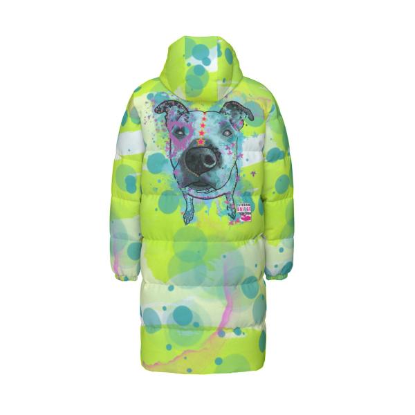 Warme Wintermantel mit Hundemotiv Sancho – Popart Hundemotiv, 90% Daunen, 10% Federn, bunt, stylisch, AmStaff, Staff, Staffordshire, Pitbull, Pit, Soka, Größe XS- 4XL
