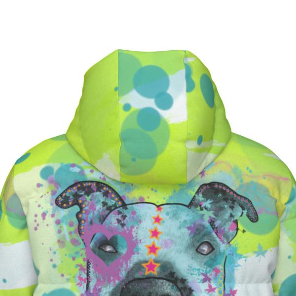Warme Wintermantel mit Hundemotiv Sancho – Popart Hundemotiv, 90% Daunen, 10% Federn, bunt, stylisch, AmStaff, Staff, Staffordshire, Pitbull, Pit, Soka, Größe XS- 4XL