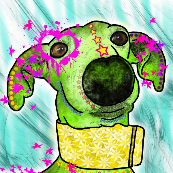 Bild von einem Windhund Namens Sienna. Der Hund ist gelblich gehalten und der Hintergrund bläulich. Das Bild ist im Popart Style gemalt.