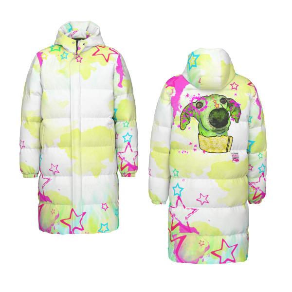 Warme Wintermantel mit Hundemotiv Sienna – Popart Hundemotiv, 90% Daunen, 10% Federn, bunt, stylisch, Windhund, Langhaar, Größe XS- 4XL