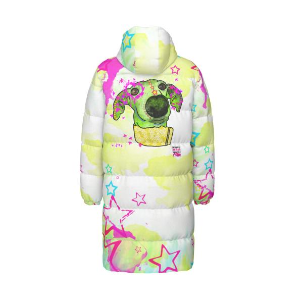 Warme Wintermantel mit Hundemotiv Sienna – Popart Hundemotiv, 90% Daunen, 10% Federn, bunt, stylisch, Windhund, Langhaar, Größe XS- 4XL