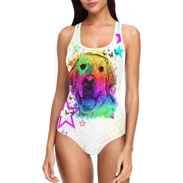 Badeanzug Hundemotiv Sunny -  85% Polyester, 15% Spandex, Wasserecht, mit Innenfutter, bunt, Golden Retriever, Mischling, Mix