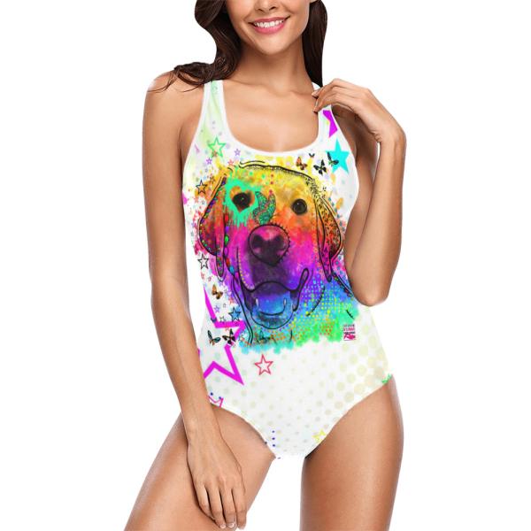 Badeanzug Hundemotiv Sunny -  85% Polyester, 15% Spandex, Wasserecht, mit Innenfutter, bunt, Golden Retriever, Mischling, Mix