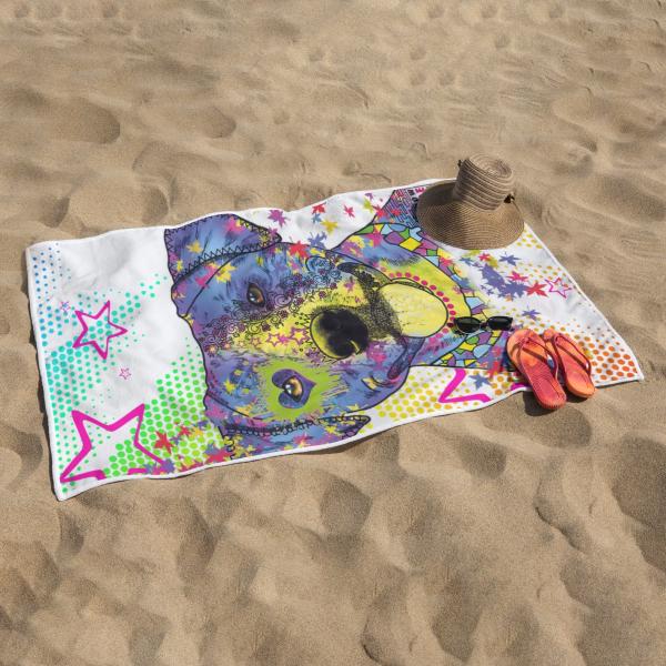 Strandtuch, Badetuch, Saunatuch mit buntem Hundemotiv in digitaler Popart mit Hunde Motiv Tayra