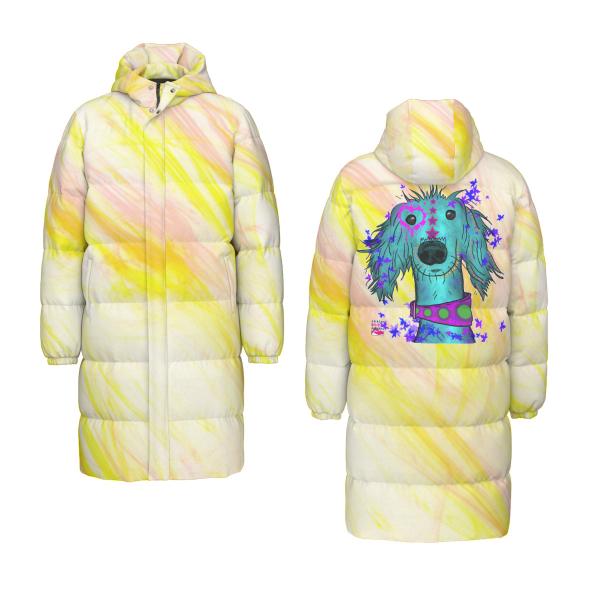 Warme Wintermantel mit Hundemotiv Tootsie– Popart Hundemotiv, 90% Daunen, 10% Federn, bunt, stylisch, Windhund, Langhaar, Größe XS- 4XL