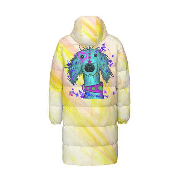 Warme Wintermantel mit Hundemotiv Tootsie– Popart Hundemotiv, 90% Daunen, 10% Federn, bunt, stylisch, Windhund, Langhaar, Größe XS- 4XL