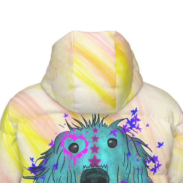 Warme Wintermantel mit Hundemotiv Tootsie– Popart Hundemotiv, 90% Daunen, 10% Federn, bunt, stylisch, Windhund, Langhaar, Größe XS- 4XL