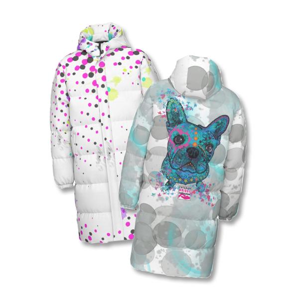 Warme Wintermantel mit Lieblingsmotiv von RBC – Popart Hundemotiv, 90% Daunen, 10% Federn, bunt, stylisch